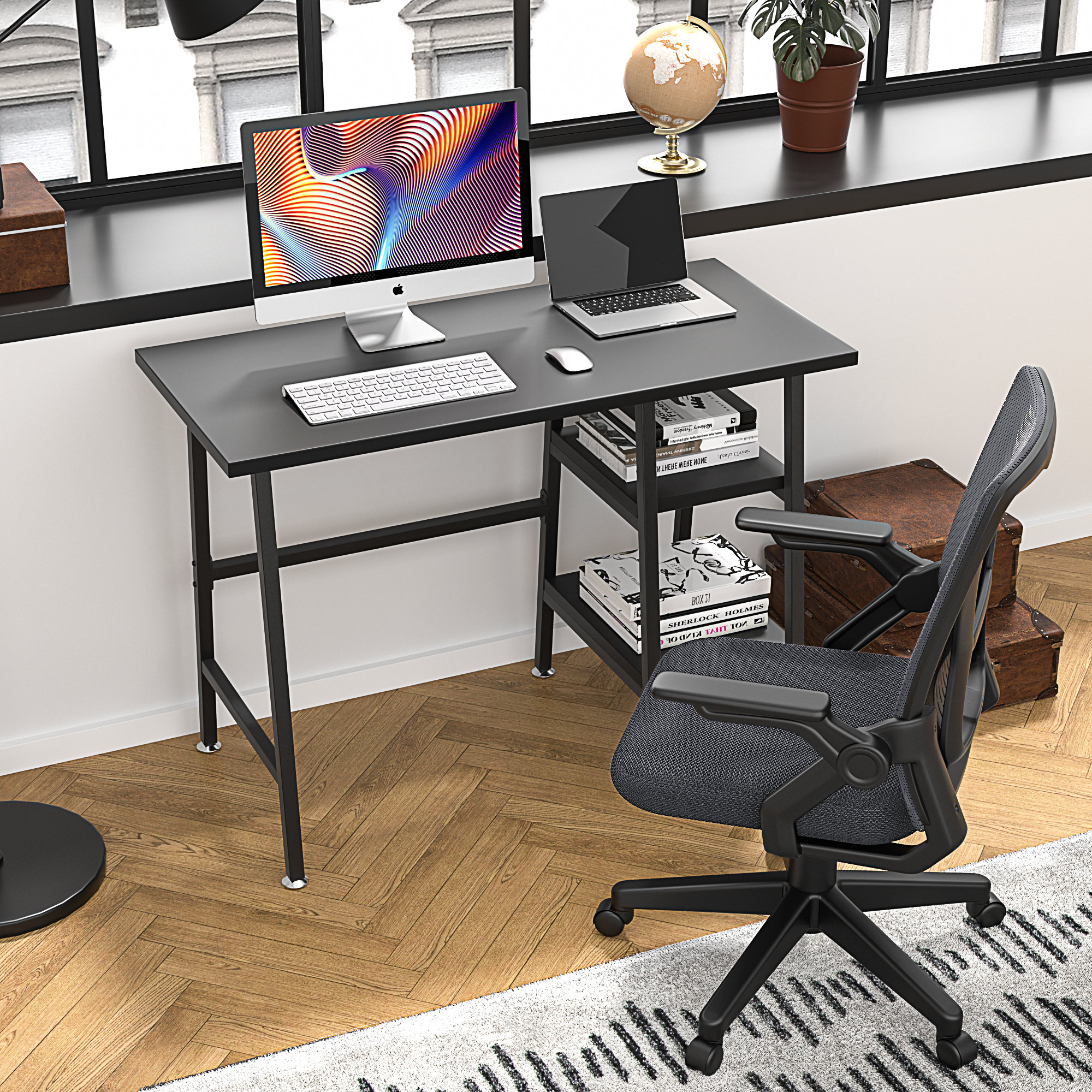 Computer desk outlets and chair